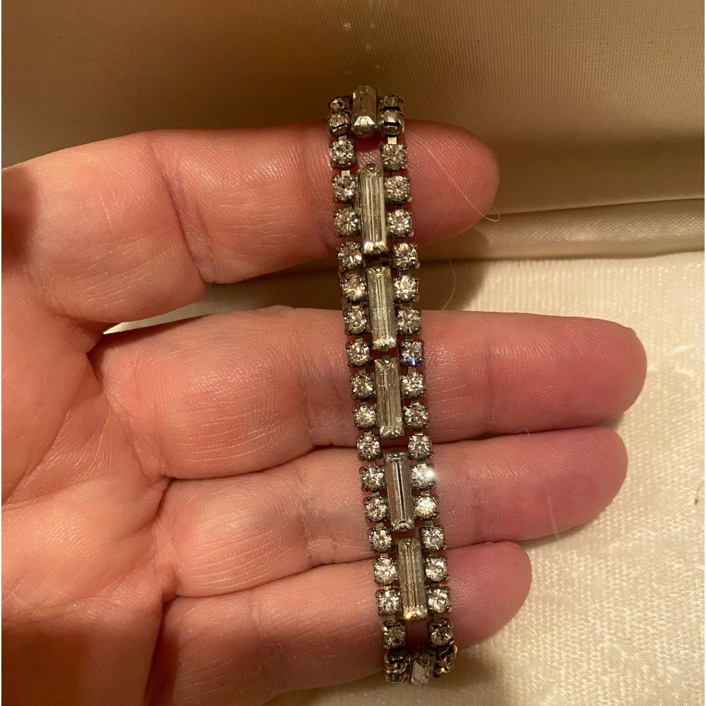 Vintage Silver Baguette and Round Rhinestone Bracelet